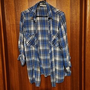 Blue, White, and Grey Plaid Button Up Shirt - Size M